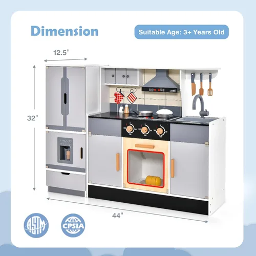 Miniatura 6 de Costzon Cocina de juego de 2 piezas, juego de cocina de juguete de madera con refrigerador, máquina de hielo, campana extractora, horno