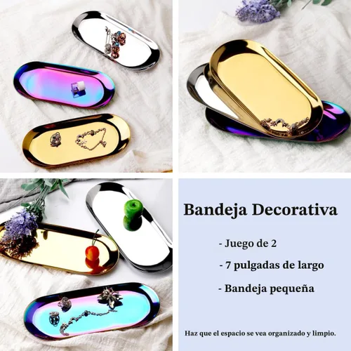 Miniatura 3 de Bandeja decorativa de acero inoxidable, juego de 2, 7 pulgadas de largo, organizador de cosméticos para joyas, bandeja de almacenamiento pequeña