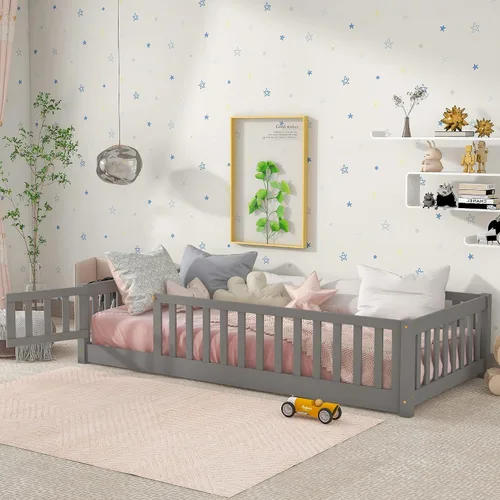 Miniatura 21 de VilroCaz Playfun - Cama de suelo tamaño individual con valla que se puede abrir, cama Montessori de metal con diseño de plataforma para niños