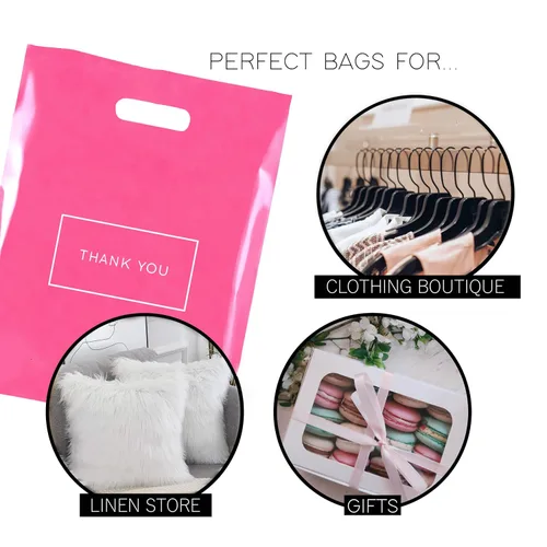 Miniatura 3 de Purple Q Crafts Bolsas de compras de plástico troqueladas rosadas con logotipo de agradecimiento de 12 x 15 pulgadas, con asas, paquete de 100