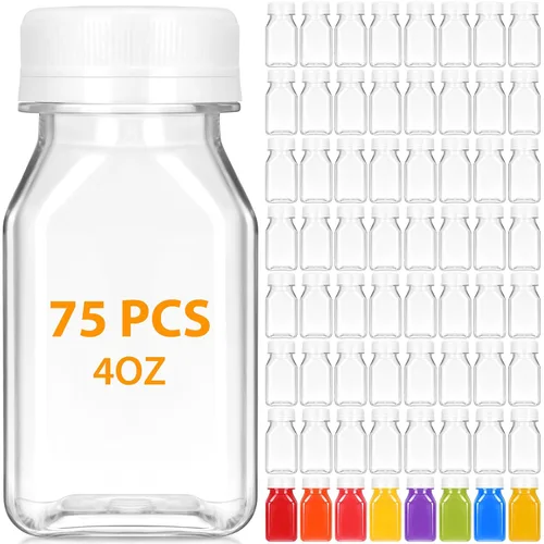 Miniatura 8 de Gerrii 75 botellas de plástico para jugo de 4 onzas con tapa, pequeñas botellas transparentes reutilizables con tapas, recipientes a granel, aptas