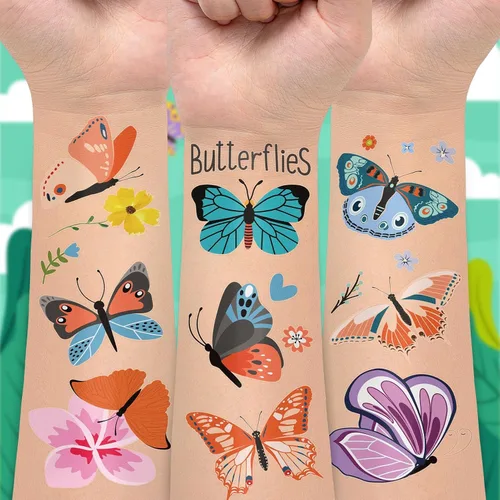 Miniatura 3 de EMOME 50 hojas de tatuajes temporales de mariposa para niñas, tatuajes envueltos individualmente para fiestas de cumpleaños de mariposas