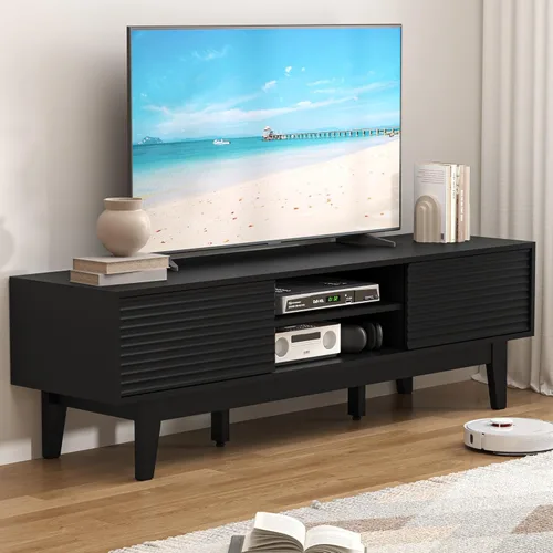 BORNOON Soporte de TV para TV de 65 pulgadas, moderno centro de entretenimiento acanalado consola de TV con almacenamiento, consola multimedia de