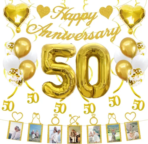 Decoraciones de 50 aniversario, suministros para fiesta, juego de carteles fotográficos y globos, remolinos colgantes para decoración de boda de 50
