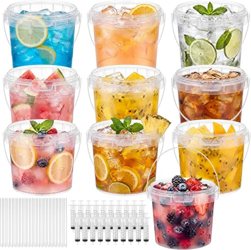 Miniatura 11 de Willinglong Juego de 20 cubos de plástico transparente de 16 onzas para bebidas con pajitas, tapas y jeringas para bebidas, tazas de café helado