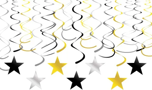 Miniatura 4 de Decoraciones colgantes de espirales negras, blancas y plateadas con recortes de estrella, juego de 30