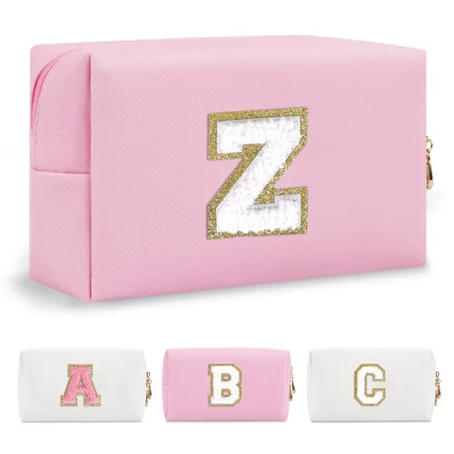 Miniatura 377 de Pequeña bolsa de maquillaje personalizada con inicial A-Z Preppy Patch, bolsa de cosméticos de viaje de felpilla blanca con cremallera, bonita bolsa