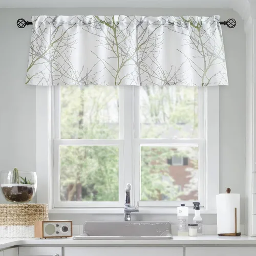 Miniatura 13 de FMFUNCTEX Cortinas de cenefa de ventana con estampado de ramas de árbol negro, cenefa corta semitransparente blanca para cocina, baño, bolsillo
