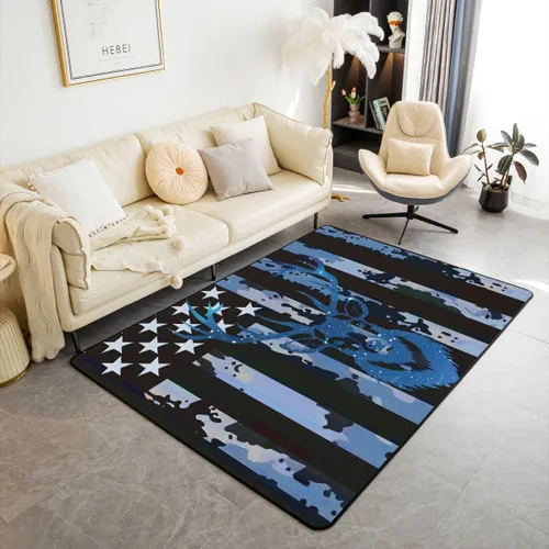 Alfombra de camuflaje con diseño de ciervo de 3 x 5 pies, diseño de camuflaje azul militar, con bandera de Estados Unidos, para niños, adolescentes,