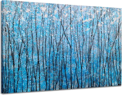Miniatura 10 de SYGALLERIER Lienzo abstracto de árbol con pinturas texturizadas pintadas a mano en negro y azul con lámina plateada, imágenes modernas del bosque