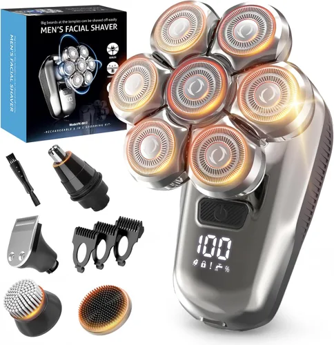 Afeitadora de cabeza para hombres calvos, afeitadora flotante 7D de cabeza calva 5 en 1, maquinilla de afeitar eléctrica húmeda/seca con pantalla