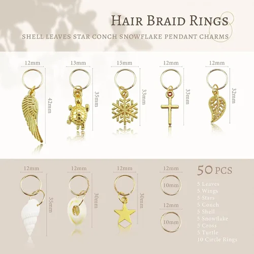 Miniatura 2 de JIALEEY 50 anillos para trenzar el cabello, 50 piezas de pinzas para el cabello, anillo dorado, concha, hojas, estrella, caracola, copo de nieve