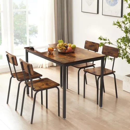 anwickjeff Juego de mesa de comedor para 4 mesas de bar y sillas, juego de 5 piezas de mesa de cocina rectangular de madera de metal industrial y 4