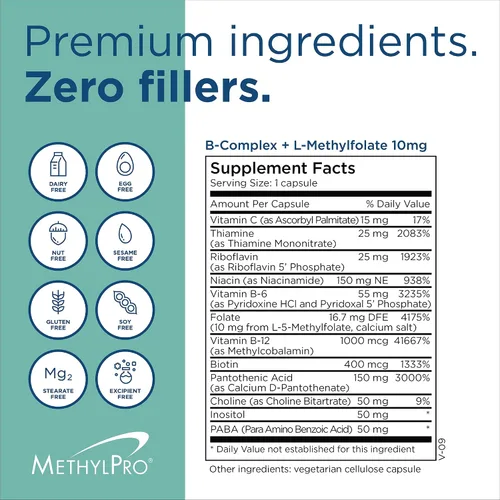 Miniatura 7 de MethylPro B Complex + L-Metilfolato 10 mg - Mezcla de vitaminas metiladas biodisponibles - Apoya la energía y el estrés - Vegetariano e