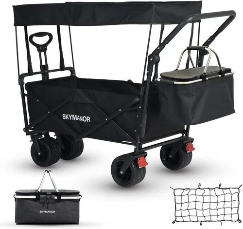 SKYMANOR Carro plegable con toldo extraíble, carrito de jardín resistente 3 en 1 con ruedas grandes todo terreno, frenos, mango de empuje ajustable,