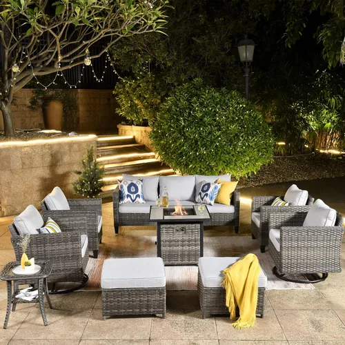 Miniatura 13 de ovios Juego de muebles de patio de 7 piezas con mesa cuadrada para hoguera, sillas mecedoras giratorias, juego de conversación de mimbre de respaldo