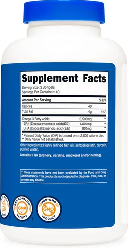 Miniatura 5 de Nutricost Aceite de Pescado Omega 3 - 2500 mg, 120 cápsulas blandas (40 porciones) - Aceite de pescado, capturado en la naturaleza! 1200 mg EPA 850