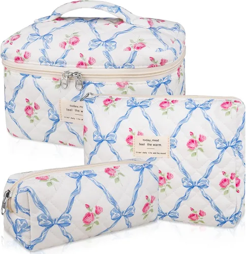 Miniatura 9 de Set de bolsas de maquillaje, bolsa de maquillaje acolchada, bolsa de cosméticos floral grande para mujeres, lindas bolsas de maquillaje de algodón
