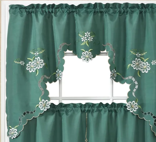 Miniatura 7 de Gohd Cutwork Floral. Juego de cortinas de cocina. Juego de cenefa y flecos. Lindo bordado en tela de seda sintética con calados. (Gris)