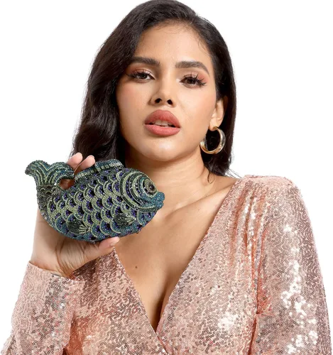 Miniatura 3 de Boutique De FGG Bolsos de mano con diamantes de imitación de pescado para mujer, bolsos formales de noche, bolso de graduación, boda, fiesta, bolsa