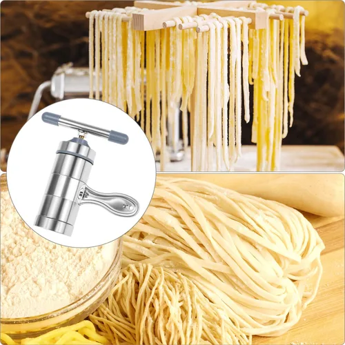 Miniatura 7 de QWORK Máquina de fideos de acero inoxidable, máquina manual de pasta con 5 moldes de fideos, máquina de fideos de prensa de pasta