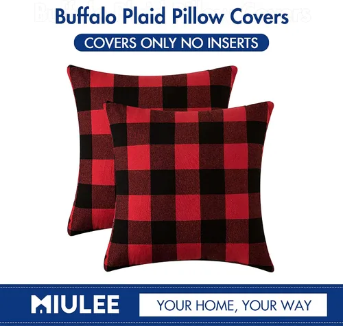 Miniatura 6 de MIULEE - Paquete de 2 fundas de almohada decorativas clásicas de Navidad de lino y poliéster a cuadros de granja, color negro sólido y rojo