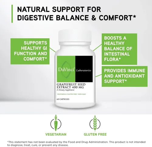 Miniatura 3 de DAVINCI Labs Extracto de semilla de pomelo 400 mg – Apoya la salud intestinal digestiva y digestiva – Sin gluten, vegetariano – 60 cápsulas