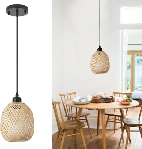 1 lámpara colgante de bambú tejida a mano, estilo bohemio, elegante, cordón ajustable, ratán de bambú, lámpara colgante de techo para comedor, bar,