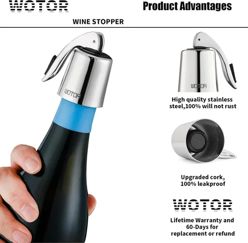 Miniatura 2 de WOTOR Tapones de vino de acero inoxidable para botella de vino, tapón con silicona reutilizable, ahorro de vino, a prueba de fugas, mantiene fresco