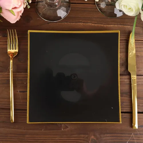 Miniatura 9 de Tableclothsfactory Paquete de 10 platos llanos cuadrados cóncavos de plástico duro de 8 pulgadas negro/dorado, platos desechables para fiestas