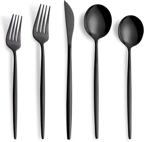 Juego de cubiertos negros de 20 piezas, de acero inoxidable, para 4 personas, incluye tenedores, cucharas, cuchillos, utensilios de cocina, vajilla
