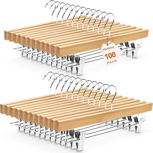 Miniatura 13 de HOUSE DAY Paquete de 25 perchas de madera de alta calidad para pantalones, perchas de falda de madera de loto maciza con 2 clips ajustables, Blanco