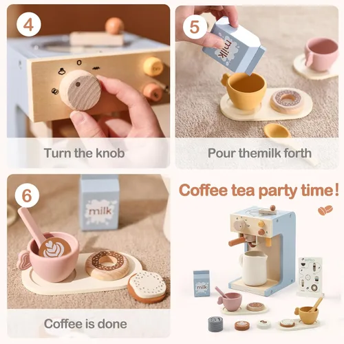 Miniatura 4 de EERKEOD Cafetera de juguete para niños, cafetera de madera para niños, juego para niños pequeños, accesorios de cocina, regalo para niñas y niños