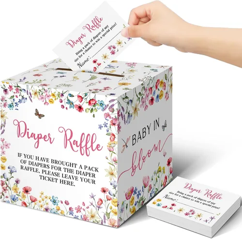 Miniatura 27 de Teling 51 boletos para rifas de pañales con caja de tarjetas, decoración de baby shower, caja de soporte para baby shower, para fiesta de rifas