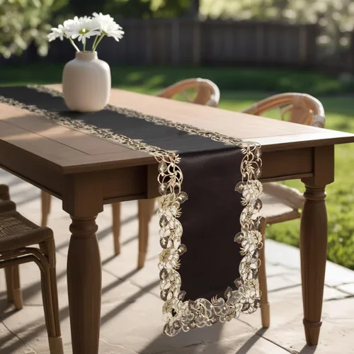 Miniatura 2 de DECOZEN Camino de mesa navideño de encaje dorado negro – Bufanda bordada para comedor y tocador para mesas de vacaciones, bodas y fiestas – 14 x 108