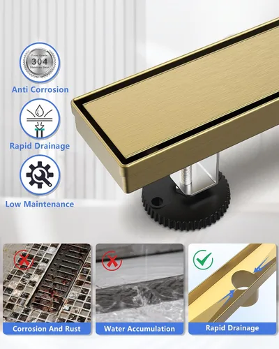 Miniatura 3 de YEFU Drenaje de ducha lineal dorado para baño: drenaje de ducha de 24 pulgadas con rejilla de inserción de azulejos, drenaje lineal rectangular
