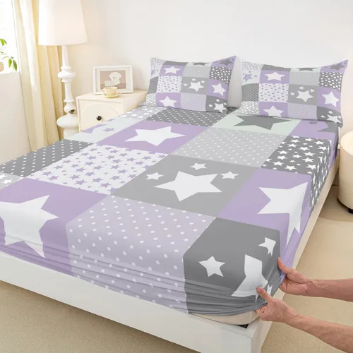 Juego de ropa de cama con patrón de estrellas, tamaño individual, color morado y gris, para niñas, adolescentes, decoración de dormitorio, cielo