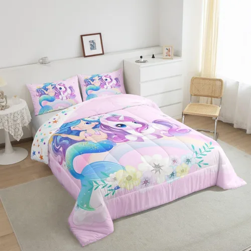 Miniatura 3 de Erosebridal Edredón de sirena azul para niñas, ropa de cama de unicornio lindo de 3 piezas para niños, juegos de ropa de cama y colecciones