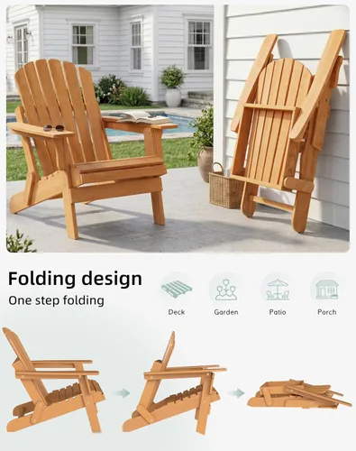 Miniatura 4 de Silla Adirondack plegable de madera de gran tamaño con respaldo y tabla de asiento premontados, silla de descanso para patio al aire libre, jardín