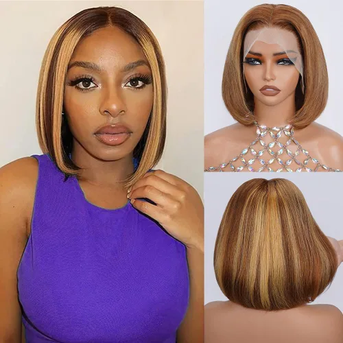 Miniatura 10 de UTIDE Peluca Bob Rubia 613 de Cabello Humano Pelucas Cortas de Cabello Humano 8 Pulgadas Peluca Frontal de Encaje 613 Cabello Humano Pre Arrancado