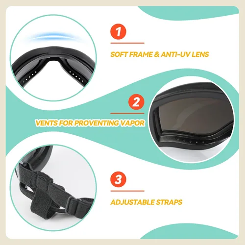 Miniatura 5 de Gafas de sol para perros de razas grandes, juego de 2 piezas de protección UV negra y transparente, resistente al viento para perros medianos a