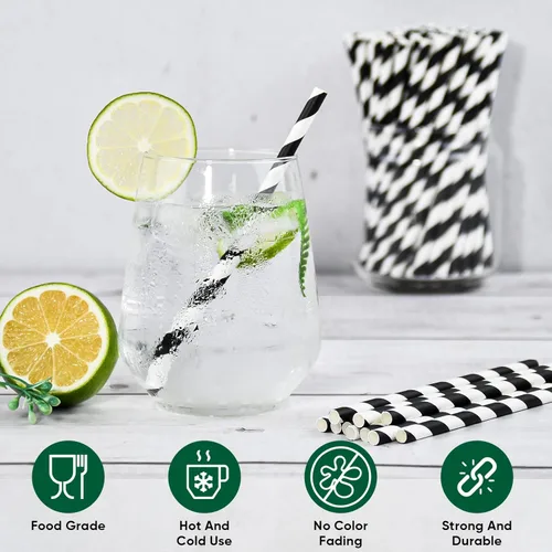 Miniatura 3 de 500 unidades Chunspak 14,6 cm pajitas de papel desechables cortas ecológicas a granel para cóctel, bebidas mixtas - Rayas negras y blancas