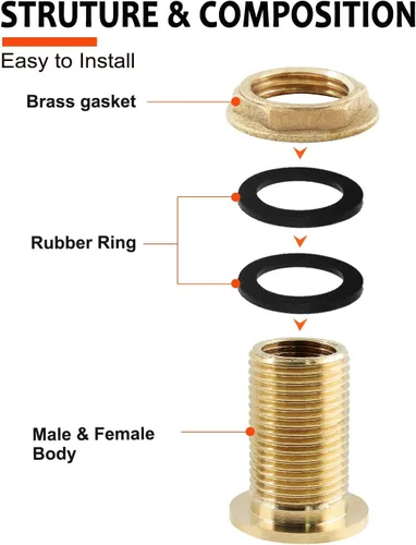 Miniatura 3 de 2 piezas de accesorios de mamparo de latón, conector de tanque de agua macho de 1/2 pulgada hembra de 3/4 pulgadas con 2 anillos de goma