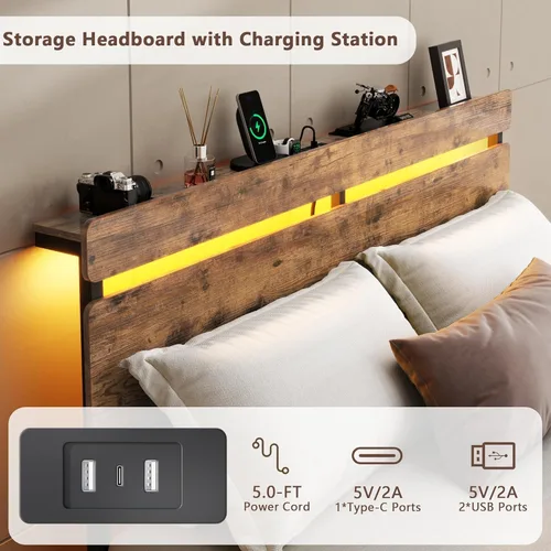 Miniatura 7 de Forestell Base de cama Queen con cabecera de madera, cama de plataforma de metal con 2 cajones de almacenamiento y estante, estación de carga Marrón