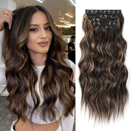 Miniatura 37 de Extensiones de cabello con clip de Vigorous de 20 pulgadas, con reflejos rubio playa, extensiones de cabello ondulado largo y suave de cabello