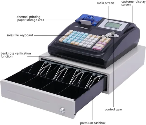 Miniatura 3 de Caja registradora electrónica con impresoras de recibos y diarios, teclado elevado de 48 teclas, 8 cajas registradoras LED digitales para pequeñas