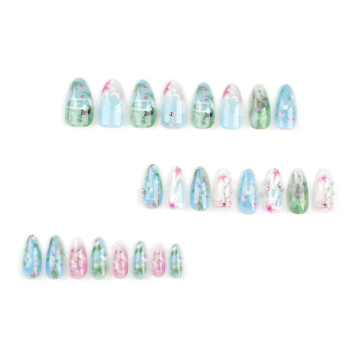 Miniatura 3 de RTKHFZE Uñas postizas a presión con forma de ataúd de almendra, uñas postizas medianas a presión para primavera y verano, con diseños de flores