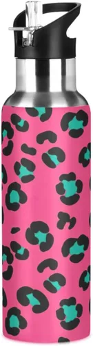 Leopard Spots Pink Stainless Steel Water Bottle 32 Oz, BPA-Free Sports Water Bottle with Straw Leakproof Water Bottles