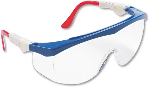 MCR Safety TK130 Tomahawk - Gafas de seguridad con lente transparente resistente a los arañazos y marco de color, estándar, rojo/blanco/azul