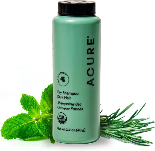Acure Champú Seco - Champú en polvo mini para mujeres con cabello castaño oscuro y negro, cuidado para refrescar el color teñido tratado con romero